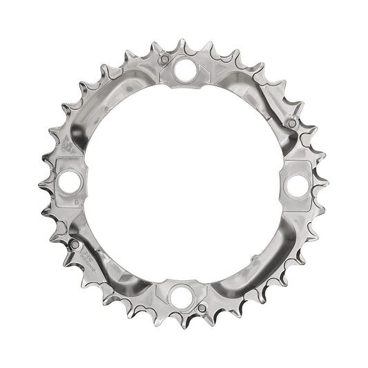 Prato intermédio SHIMANO DEORE M530 9 velocidades, 4 furos, 104 mm, prateado — vista do prato sobre fundo branco