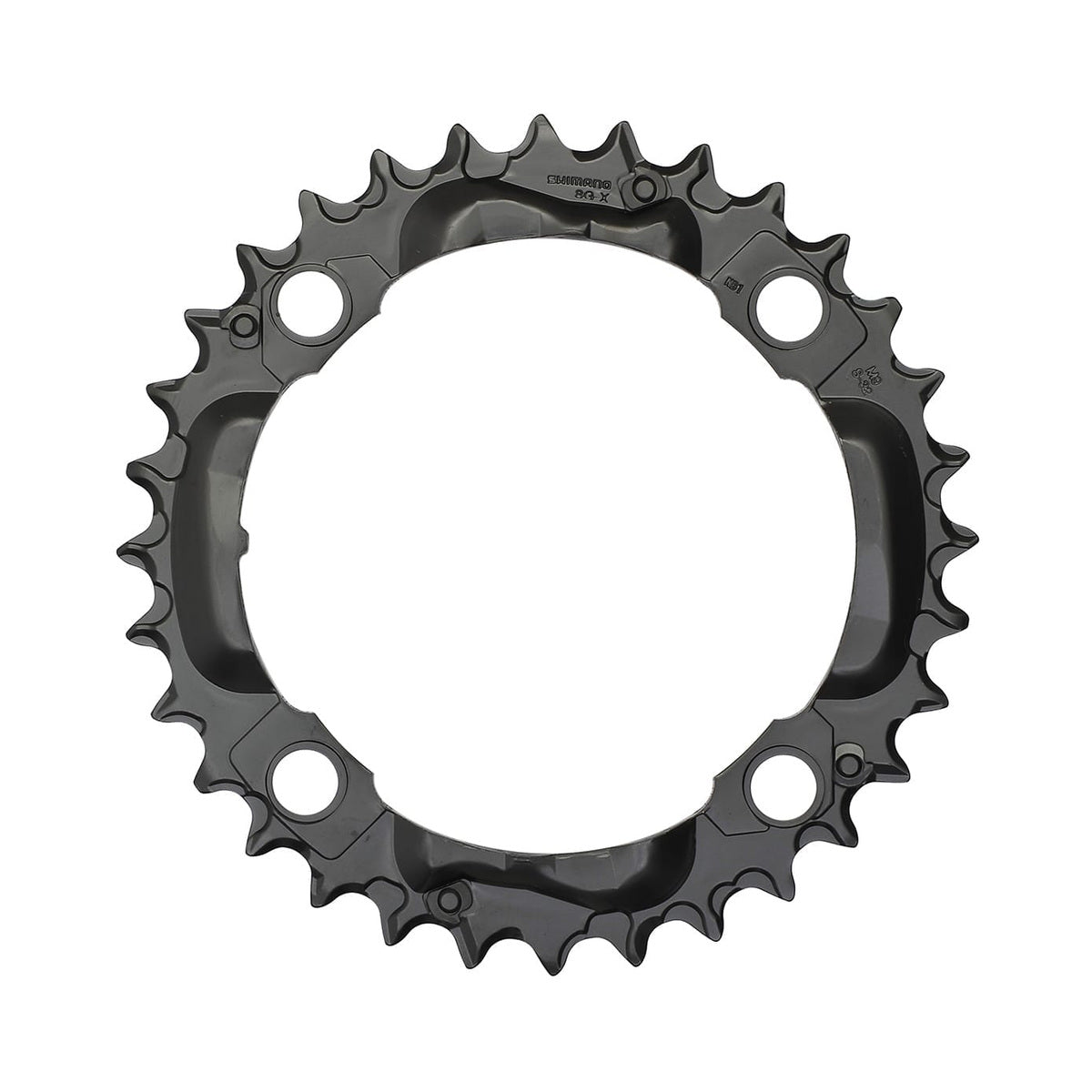 Prato intermédio SHIMANO DEORE M590 9 velocidades, 4 furos, 104 mm, preto — vista do prato sobre fundo branco