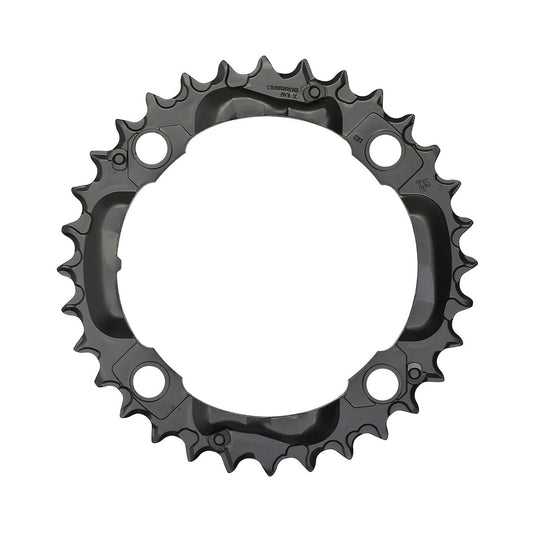 Prato intermédio SHIMANO DEORE M590 9 velocidades, 4 furos, 104 mm, preto — vista do prato sobre fundo branco