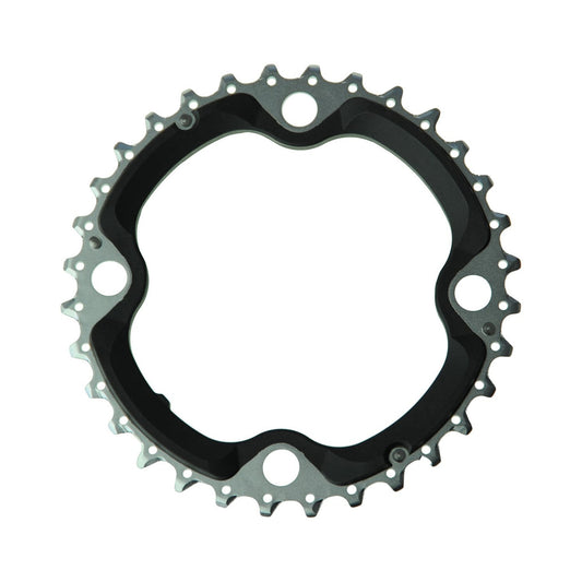 Prato intermédio SHIMANO XT M780/M770 10 velocidades, 4 furos, 104 mm — vista do prato sobre fundo branco