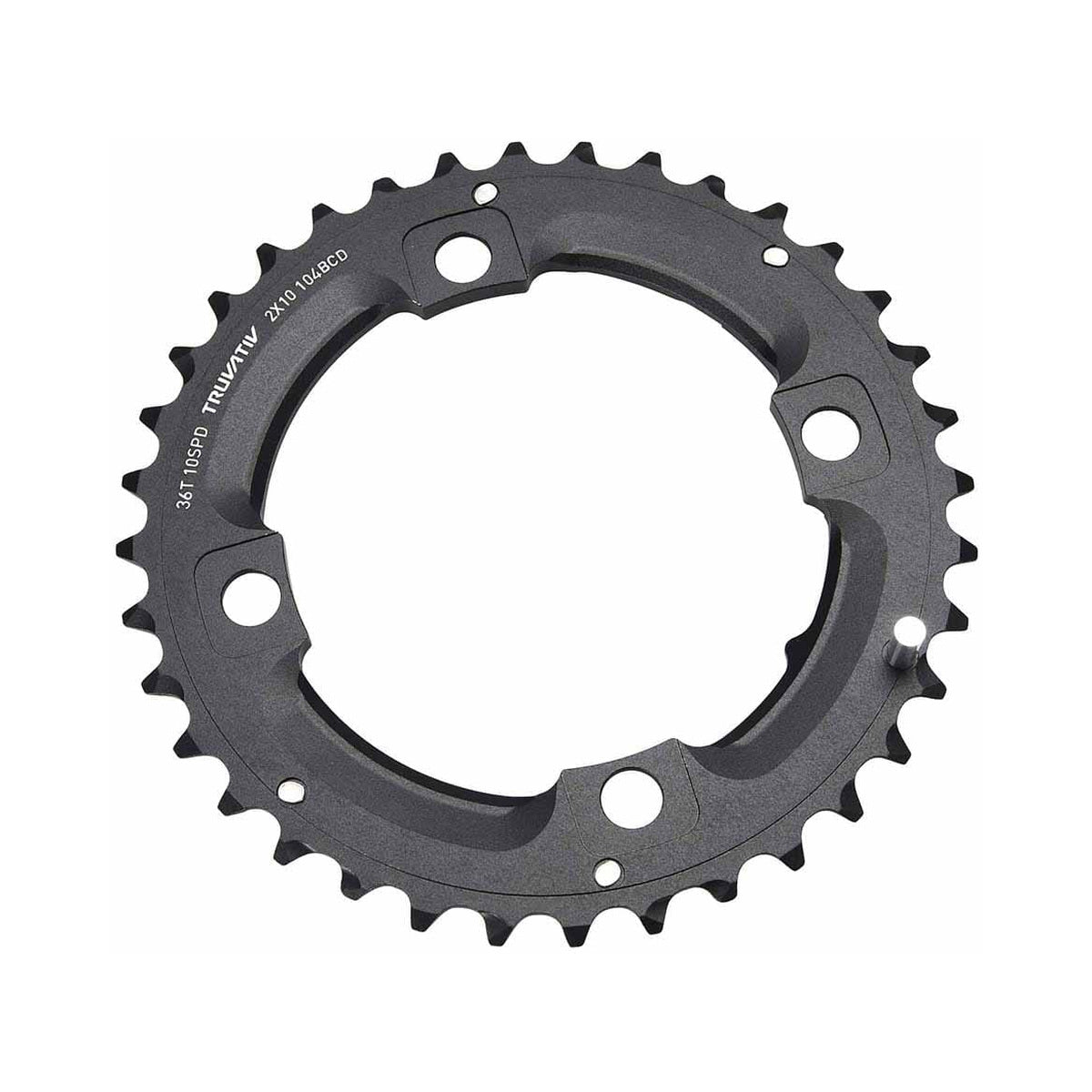 Prato exterior SRAM MTB 104BCD 10 velocidades, 4 furos, 104 mm, pino comprido — vista do prato sobre fundo branco
