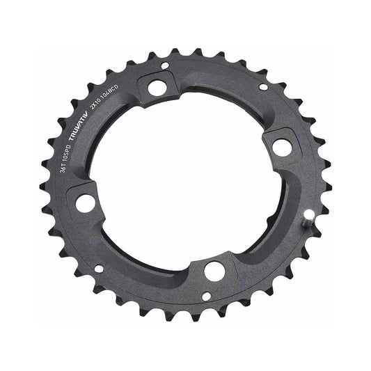 Prato exterior SRAM MTB 104BCD 10 velocidades, 4 furos, 104 mm, pino comprido — vista do prato sobre fundo branco