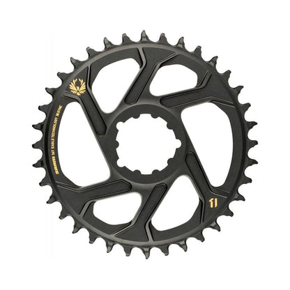 Prato único SRAM EAGLE X-SYNC2 de dentes estreitos e largos, 12 velocidades, montagem direta, offset de 6 mm, dourado — vista do prato sobre fundo branco