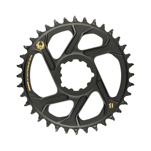 Prato único SRAM EAGLE X-SYNC 2 de dentes estreitos e largos, BOOST, 11/12 velocidades, montagem direta, offset de 3 mm, dourado — vista do prato sobre fundo branco