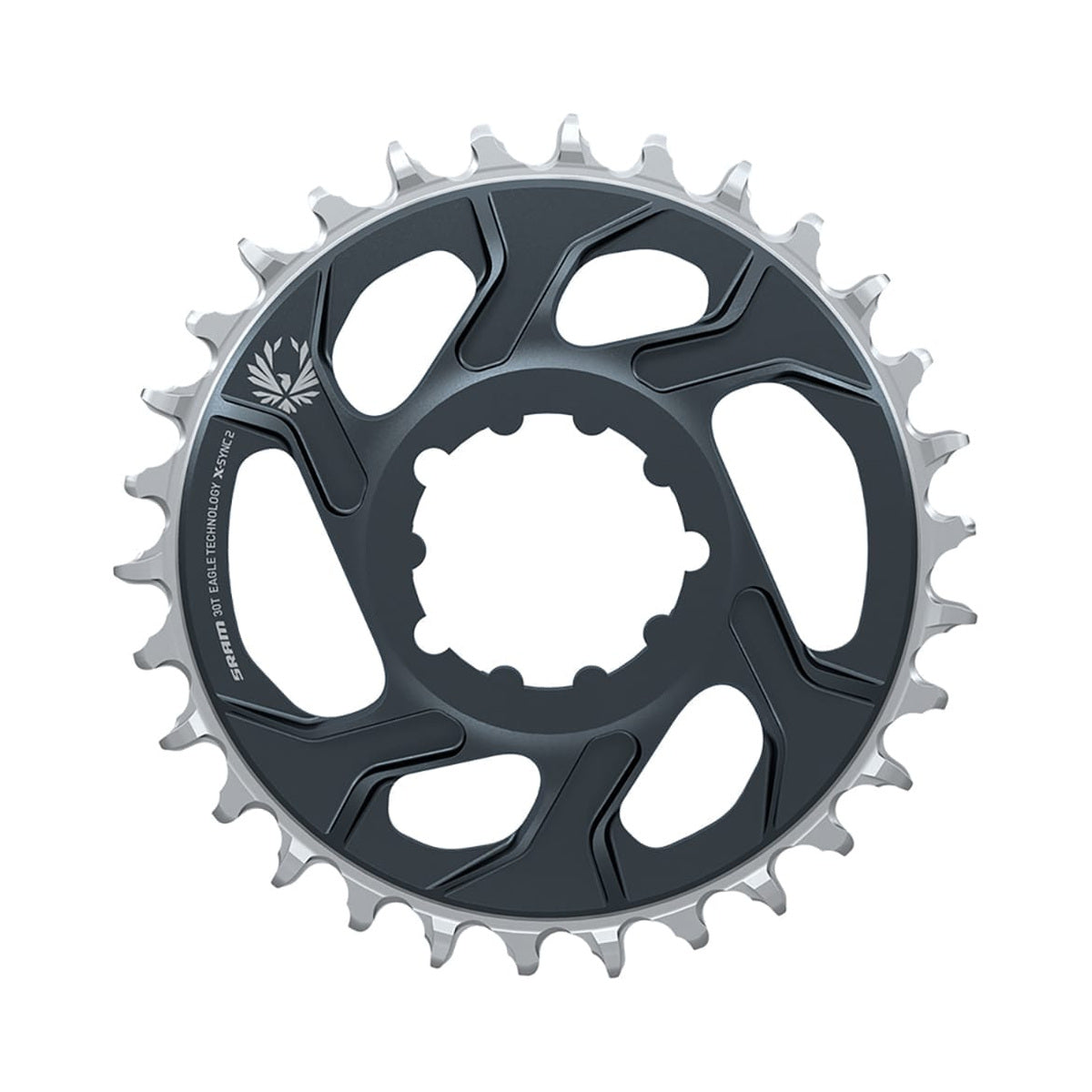 Prato único SRAM X-SYNC 2 EAGLE 12 velocidades, montagem direta, offset de 6 mm, cinzento Lunar Grey — vista do prato sobre fundo branco