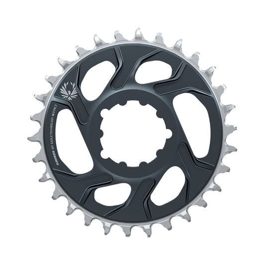 Prato único SRAM X-SYNC 2 EAGLE 12 velocidades, montagem direta, offset de 6 mm, cinzento Lunar Grey — vista do prato sobre fundo branco