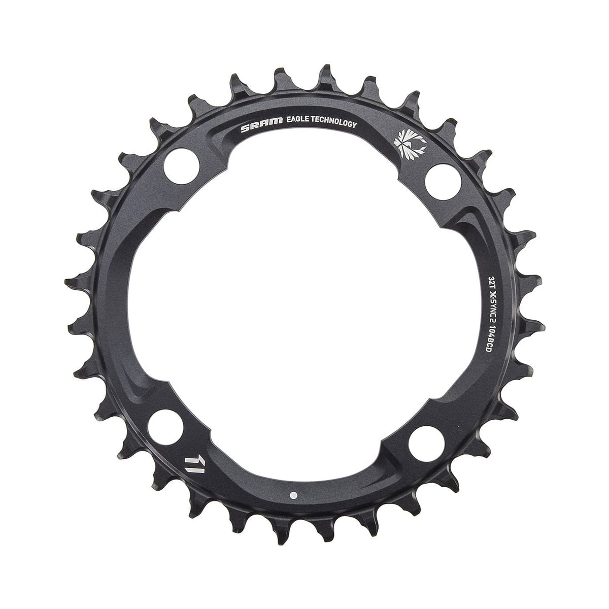 Prato único SRAM EAGLE X-SYNC2 12 velocidades, 4 furos, 104 mm — vista do prato sobre fundo branco