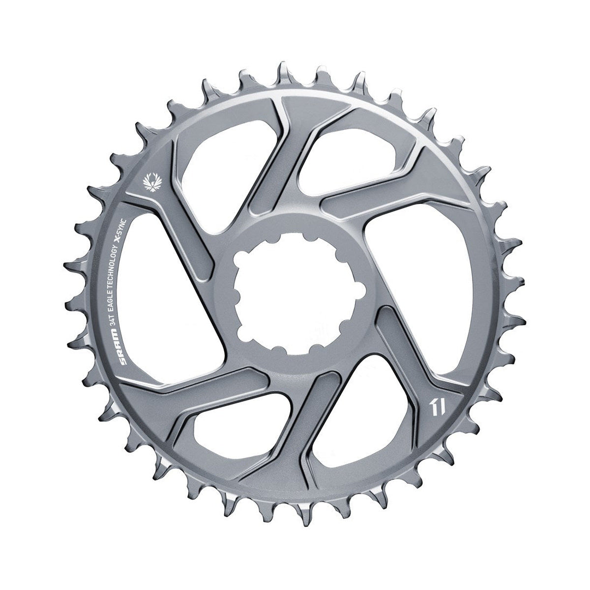 Prato único SRAM EAGLE X-SYNC 2 BOOST 11/12 velocidades, montagem direta, offset de 3 mm, cinzento — vista do prato sobre fundo branco