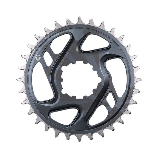Prato único SRAM EAGLE X-SYNC 2 BOOST 11/12 velocidades, montagem direta, offset de 3 mm, cinzento — vista do prato sobre fundo branco