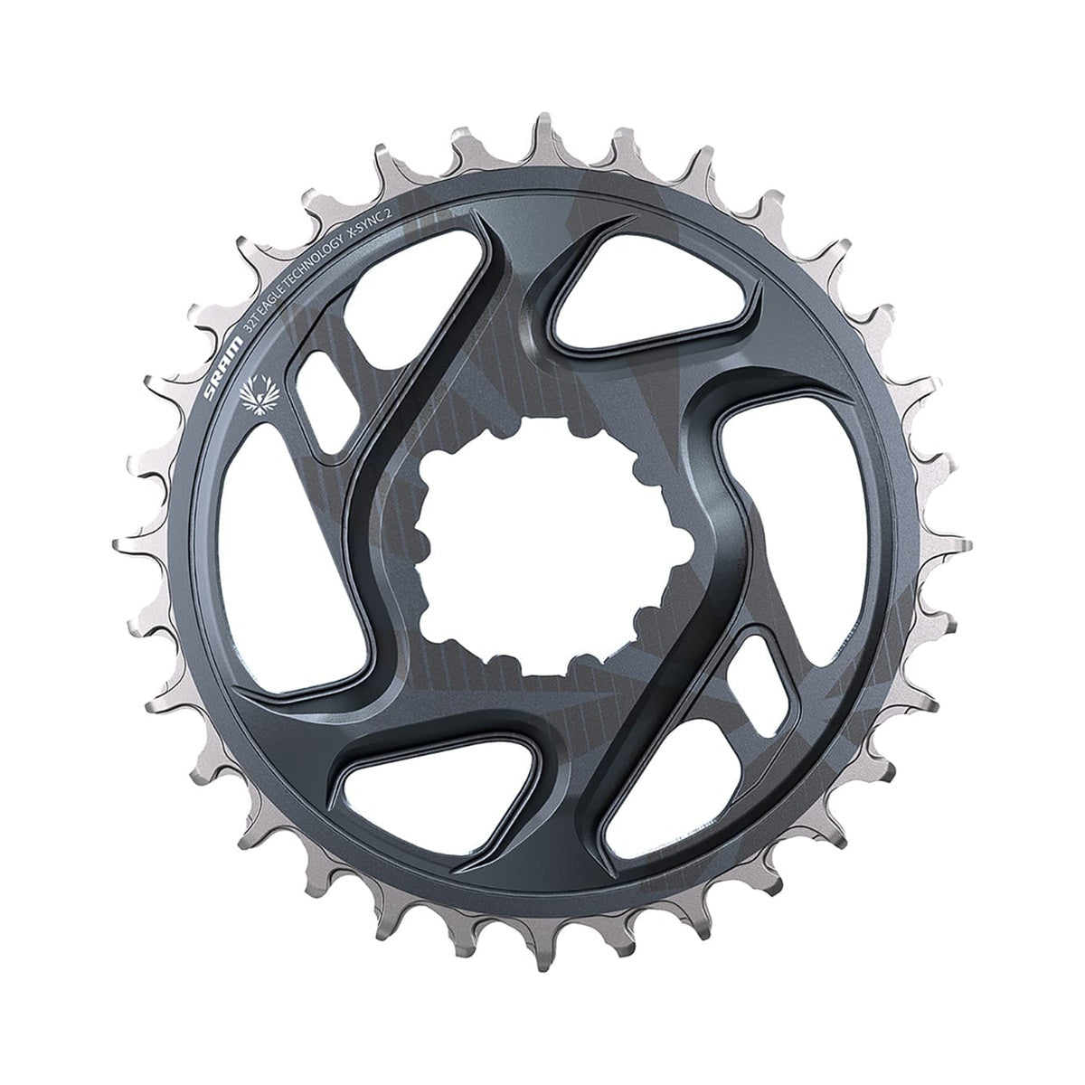 Prato único SRAM X-SYNC 2 EAGLE 12 velocidades, montagem direta, offset de 6 mm, cinzento Lunar Grey — vista do prato sobre fundo branco