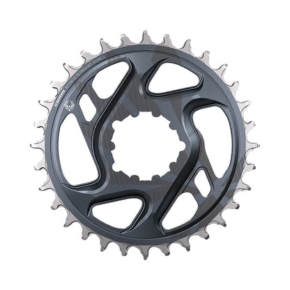 Prato único SRAM X-SYNC 2 EAGLE 12 velocidades, montagem direta, offset de 6 mm, cinzento Lunar Grey — vista do prato sobre fundo branco
