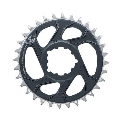 Prato único SRAM X-SYNC 2 EAGLE 12 velocidades, montagem direta, offset de 4 mm, cinzento Lunar Grey — vista do prato sobre fundo branco