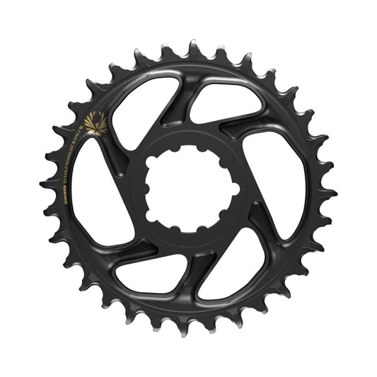 Prato único SRAM EAGLE X-SYNC 2 SL BOOST 12 velocidades, montagem direta, offset de 3 mm, preto/dourado — vista do prato sobre fundo branco