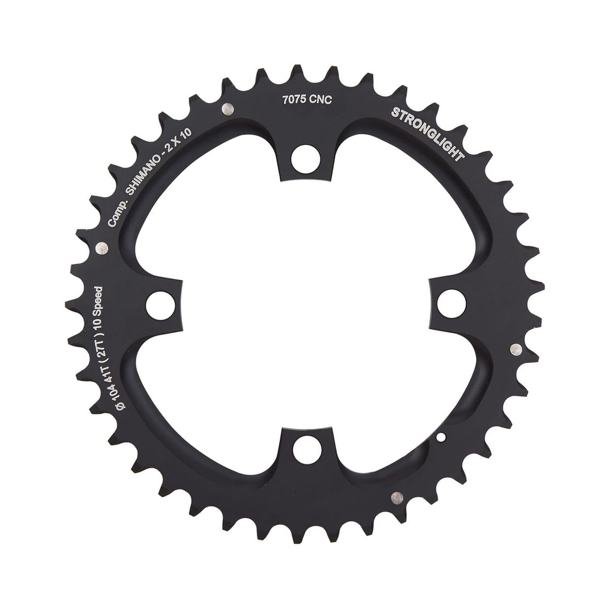 Prato exterior STRONGLIGHT alumínio 7075, pedaleiro duplo de 10 velocidades, 4 furos, 104 mm — vista do prato sobre fundo branco