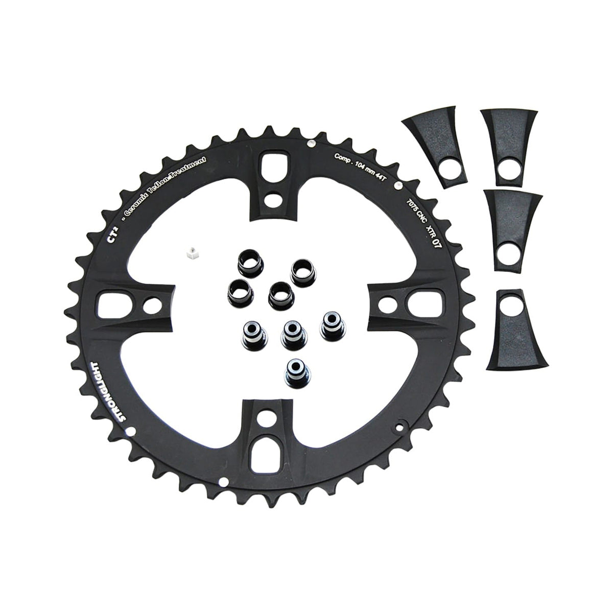 Prato exterior STRONGLIGHT CT² SHIMANO XTR M970 9 velocidades, 4 furos, 104 mm — vista do prato sobre fundo branco