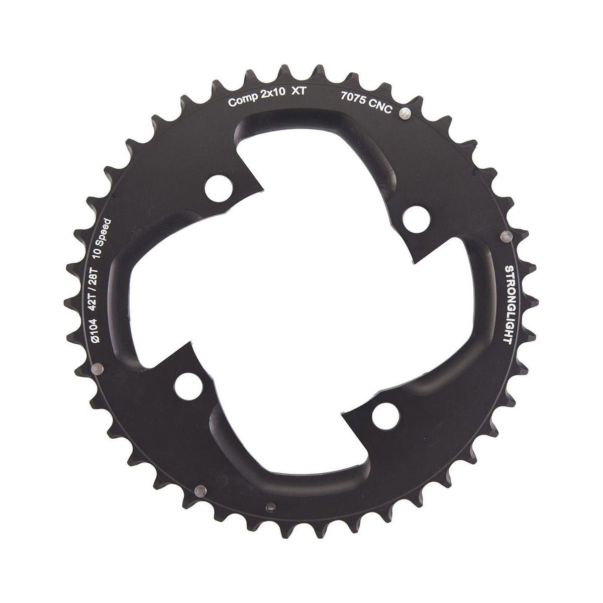 Prato exterior STRONGLIGHT SHIMANO XT M785 10 velocidades, 4 furos, 104 mm — vista do prato sobre fundo branco