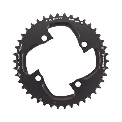 Prato exterior STRONGLIGHT SHIMANO XT M785 10 velocidades, 4 furos, 104 mm — vista do prato sobre fundo branco