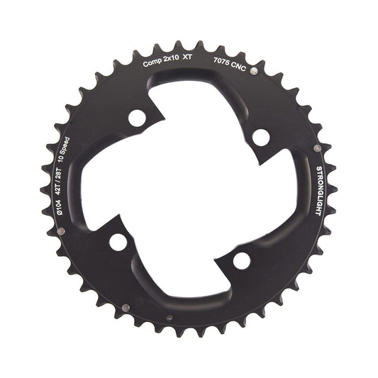 Prato exterior STRONGLIGHT SHIMANO XT M785 10 velocidades, 4 furos, 104 mm — vista do prato sobre fundo branco