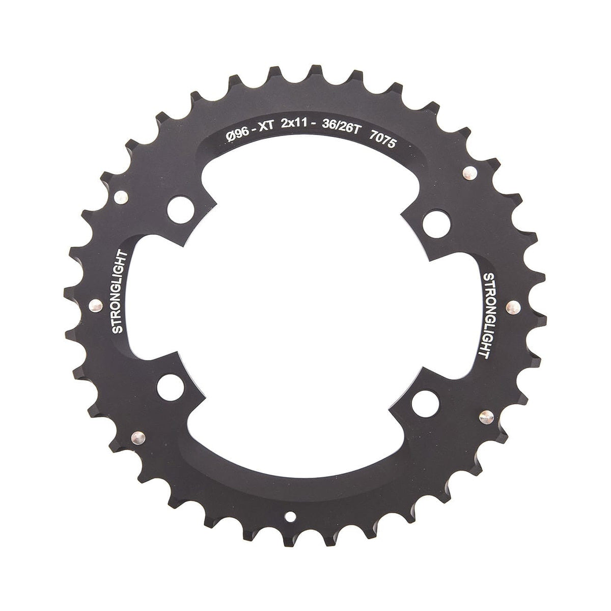 Prato exterior STRONGLIGHT Shimano XT M8000/SLX M7000 11 velocidades, 4 furos, 96 mm — vista do prato sobre fundo branco