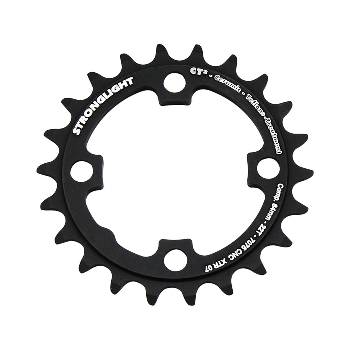 Prato interior STRONGLIGHT CT² SHIMANO XTR M970 9 velocidades, 4 furos, 64 mm — vista do prato sobre fundo branco
