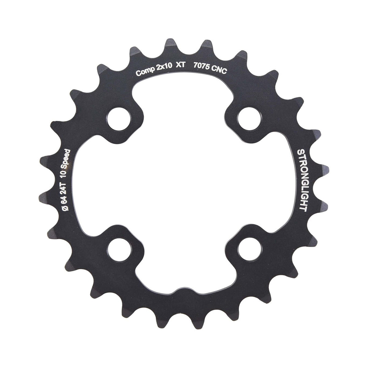 Prato interior STRONGLIGHT SHIMANO XT M785 10 velocidades, 4 furos, 64 mm — vista do prato sobre fundo branco