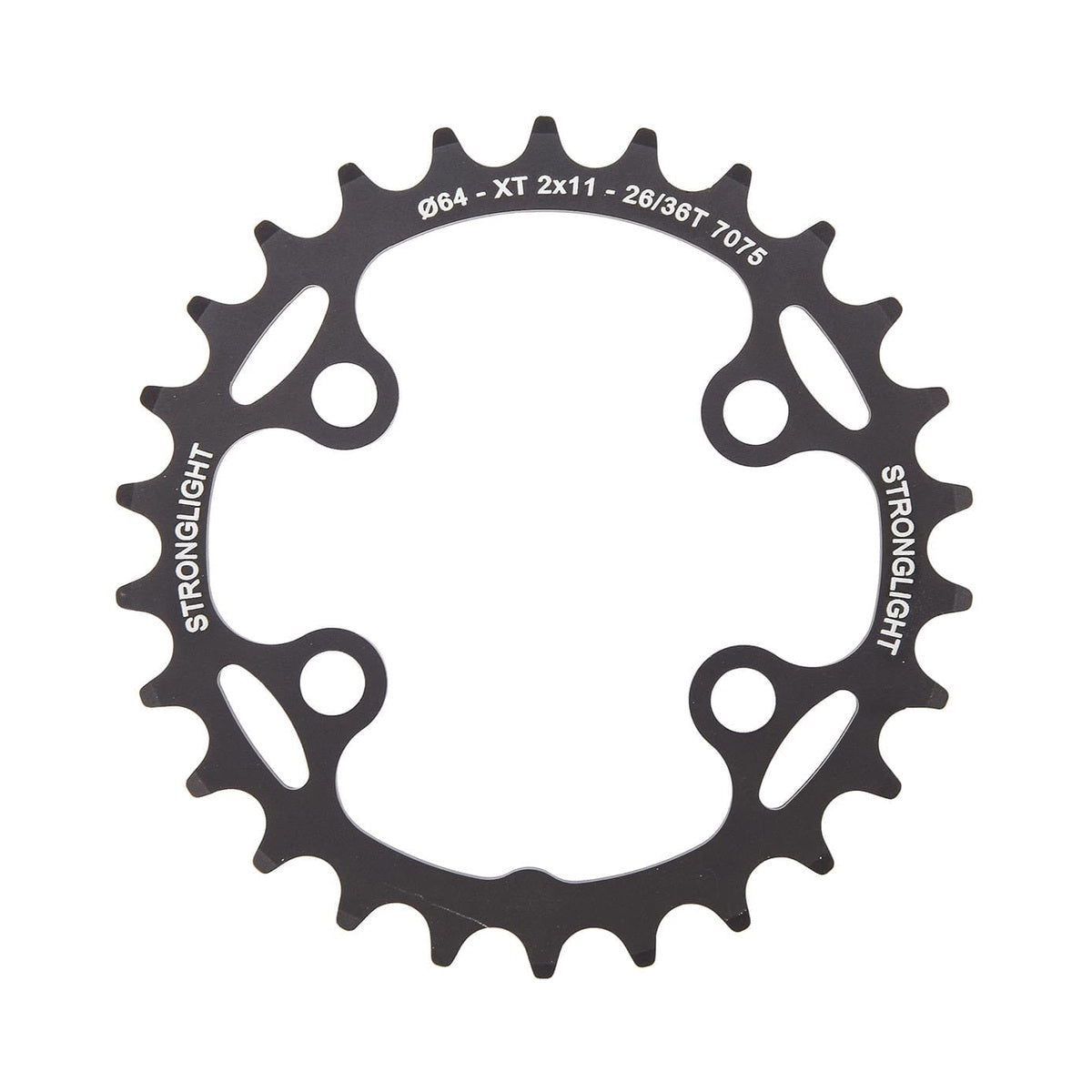 Prato interior STRONGLIGHT Shimano XT M8000/SLX M7000 11 velocidades, 4 furos, 64 mm — vista do prato sobre fundo branco