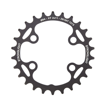 Prato interior STRONGLIGHT Shimano XT M8000/SLX M7000 11 velocidades, 4 furos, 64 mm — vista do prato sobre fundo branco