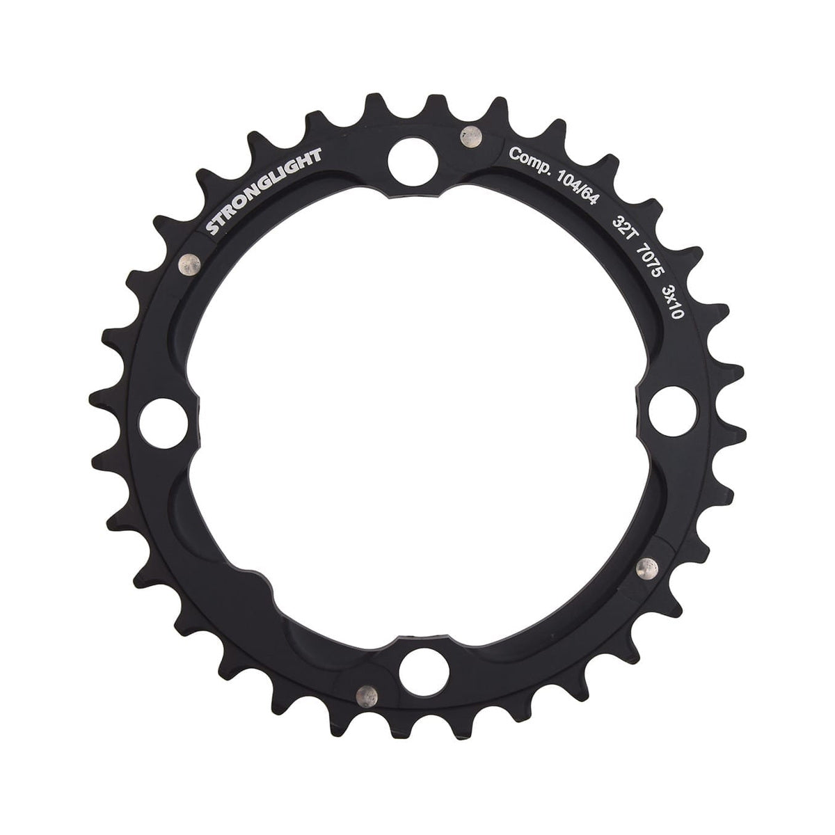Prato intermédio STRONGLIGHT para pedaleiro triplo de 10 velocidades, 4 furos, 104 mm — vista do prato sobre fundo branco