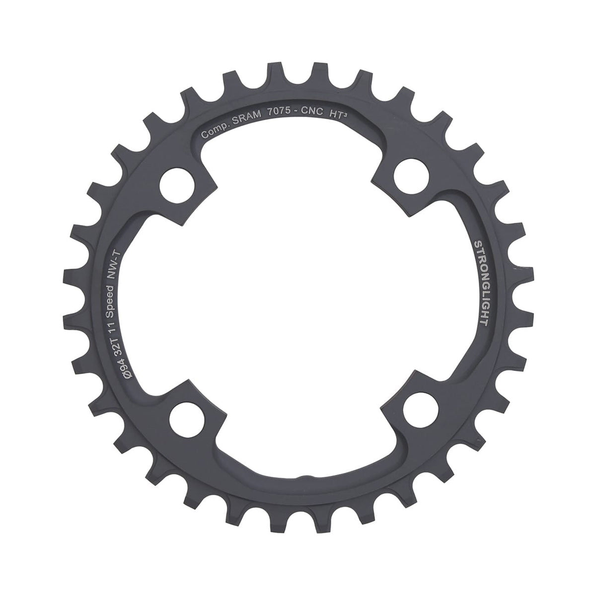 Prato único STRONGLIGHT HT3 de dentes estreitos e largos, Sram X01, 11 velocidades, 4 furos, 94 mm — vista do prato sobre fundo branco