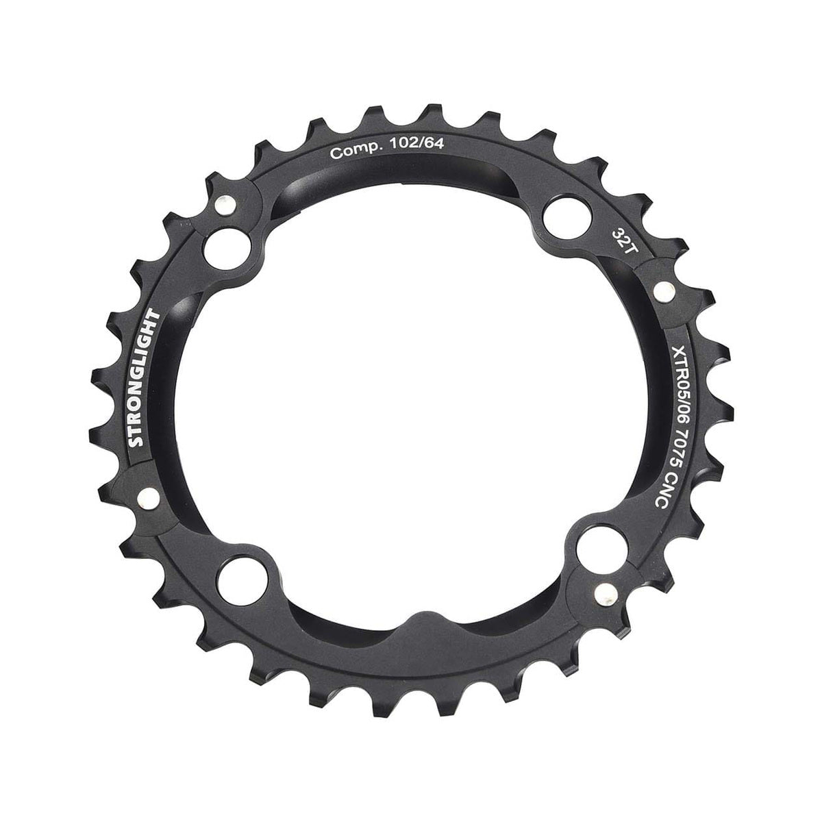 Prato intermédio STRONGLIGHT alumínio 7075 SHIMANO XTR M960 9 velocidades, 4 furos, 102 mm — vista do prato sobre fundo branco