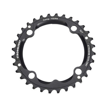 Prato intermédio STRONGLIGHT alumínio 7075 SHIMANO XTR M960 9 velocidades, 4 furos, 102 mm — vista do prato sobre fundo branco
