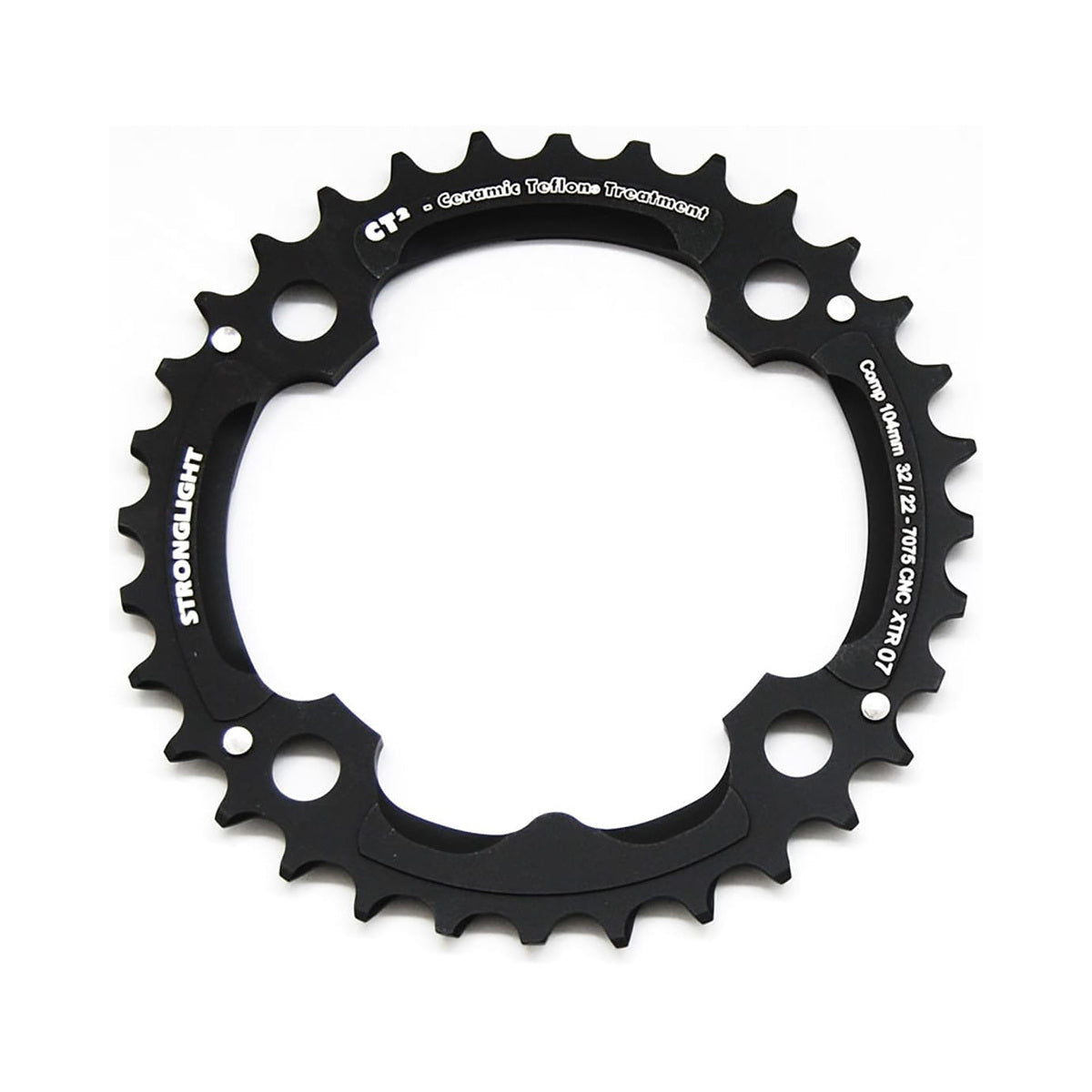Prato intermédio STRONGLIGHT CT² SHIMANO XTR M970 9 velocidades, 4 furos, 104 mm — vista do prato sobre fundo branco