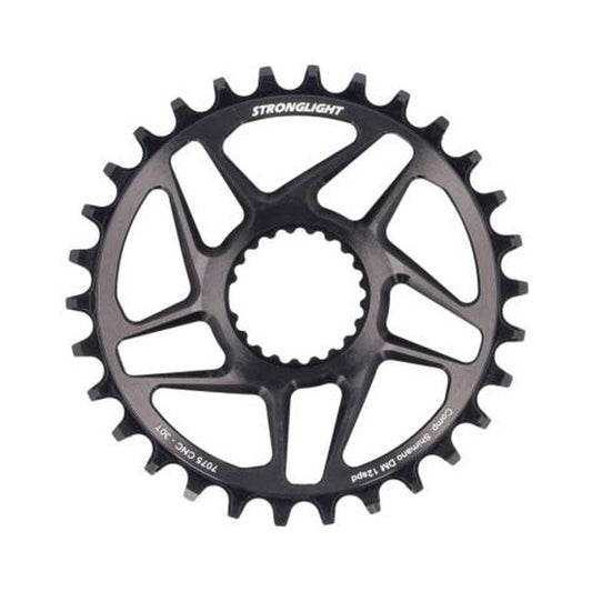Prato único STRONGLIGHT 12 velocidades Shimano, montagem direta, preto — vista do prato sobre fundo branco