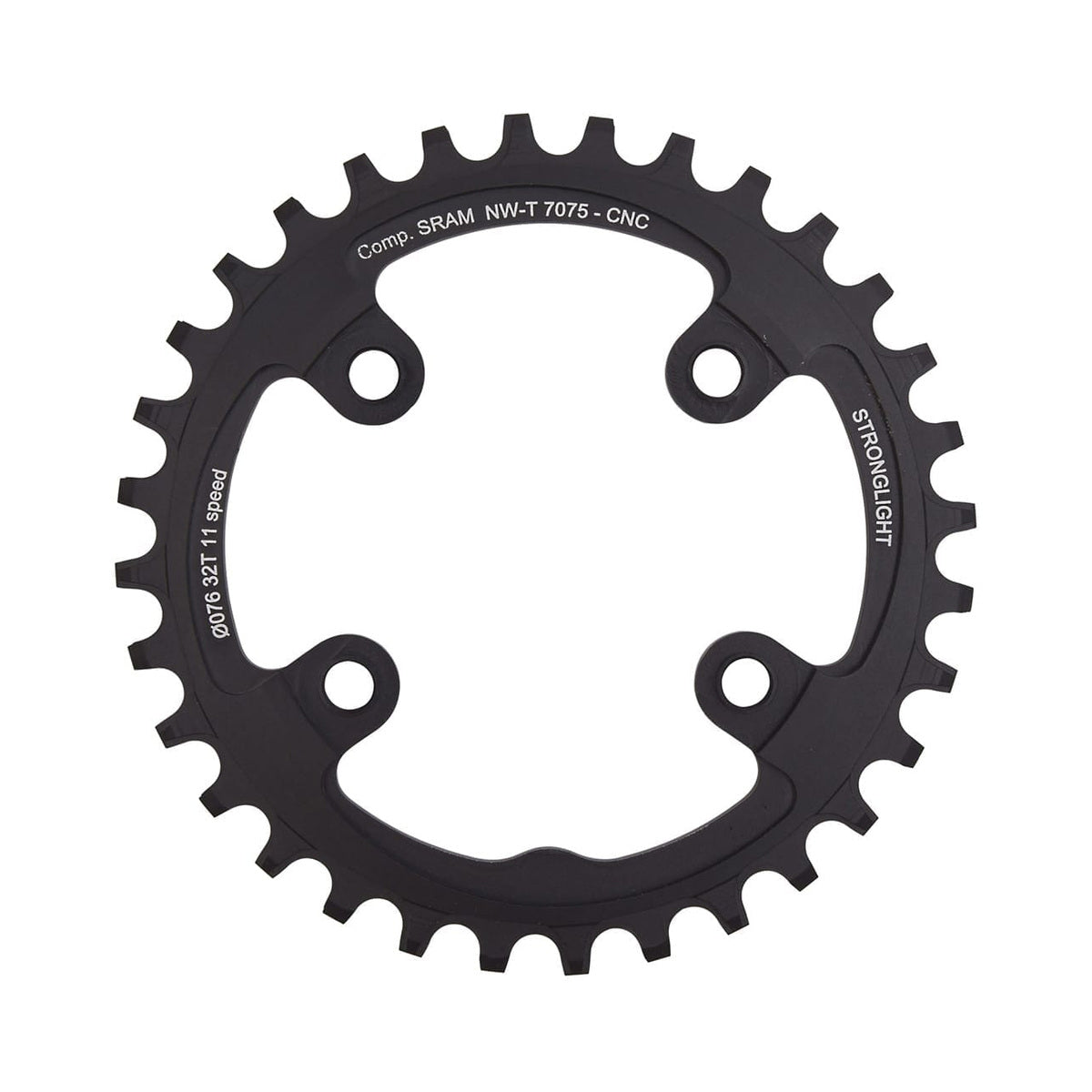 Prato único STRONGLIGHT alumínio 7075 de dentes estreitos e largos, Sram XX1, 11 velocidades, 4 furos, 76 mm — vista do prato sobre fundo branco