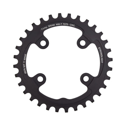 Prato único STRONGLIGHT alumínio 7075 de dentes estreitos e largos, Sram XX1, 11 velocidades, 4 furos, 76 mm — vista do prato sobre fundo branco
