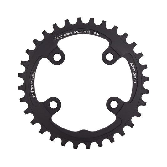Prato único STRONGLIGHT alumínio 7075 de dentes estreitos e largos, Sram XX1, 11 velocidades, 4 furos, 76 mm — vista do prato sobre fundo branco