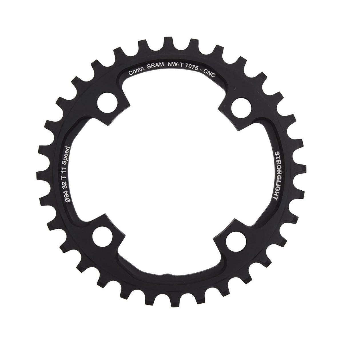 Prato único STRONGLIGHT alumínio 7075 de dentes estreitos e largos, Sram X01, 11 velocidades, 4 furos, 94 mm — vista do prato sobre fundo branco