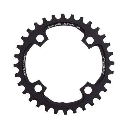 Prato único STRONGLIGHT alumínio 7075 de dentes estreitos e largos, Sram X01, 11 velocidades, 4 furos, 94 mm — vista do prato sobre fundo branco