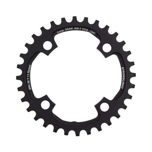 Prato único STRONGLIGHT alumínio 7075 de dentes estreitos e largos, Sram X01, 11 velocidades, 4 furos, 94 mm — vista do prato sobre fundo branco