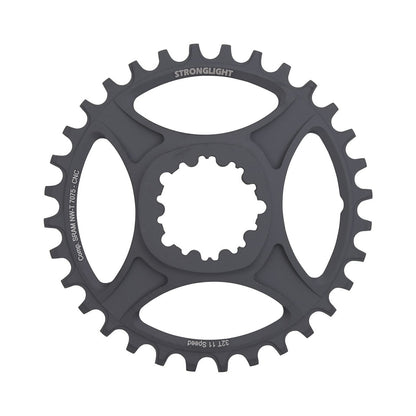Prato único STRONGLIGHT HT3 de dentes estreitos e largos, 11 velocidades Sram, montagem direta, offset de 6 mm — vista do prato sobre fundo branco