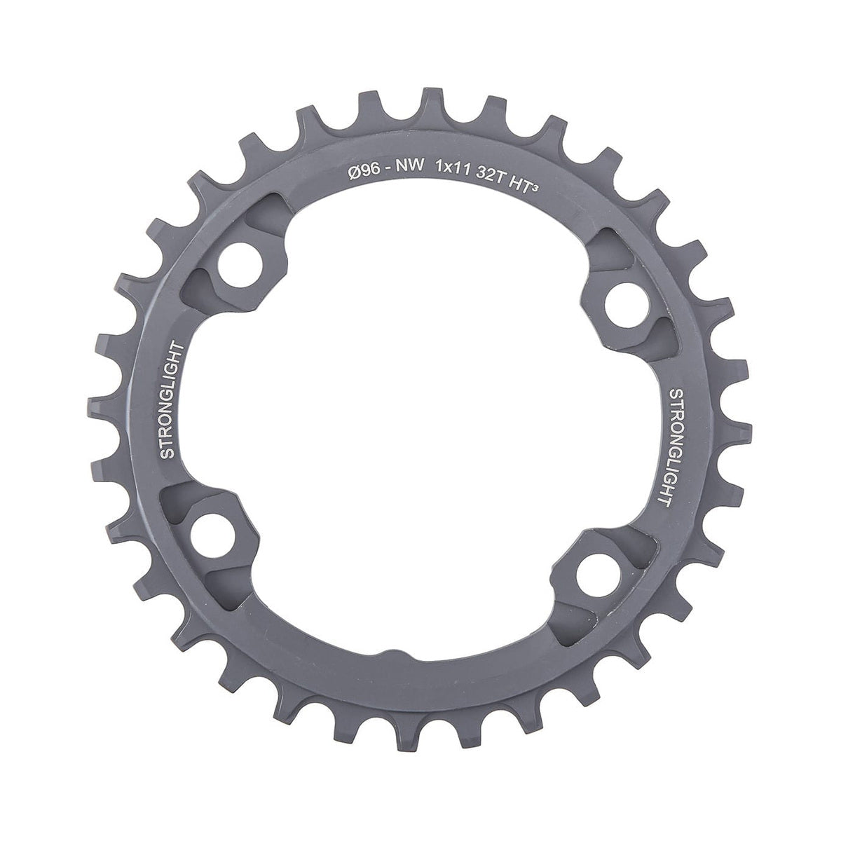 Prato único STRONGLIGHT HT3 de dentes estreitos e largos, Shimano XTR M9000/M9020/XT M8000, 11 velocidades, 4 furos, 96 mm — vista do prato sobre fundo branco