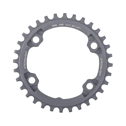 Prato único STRONGLIGHT HT3 de dentes estreitos e largos, Shimano XTR M9000/M9020/XT M8000, 11 velocidades, 4 furos, 96 mm — vista do prato sobre fundo branco