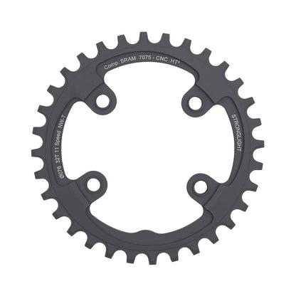 Prato único STRONGLIGHT HT3 de dentes estreitos e largos, Sram XX1, 11 velocidades, 4 furos, 76 mm — vista do prato sobre fundo branco