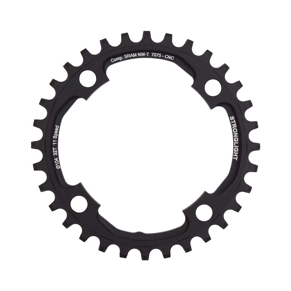 Prato único STRONGLIGHT alumínio 7075 de dentes estreitos e largos, Sram X01, 11 velocidades, 4 furos, 104 mm — vista do prato sobre fundo branco