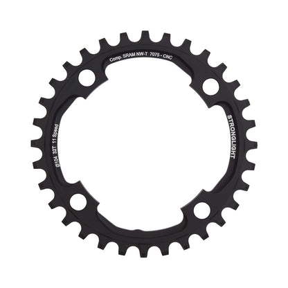 Prato único STRONGLIGHT alumínio 7075 de dentes estreitos e largos, Sram X01, 11 velocidades, 4 furos, 104 mm — vista do prato sobre fundo branco