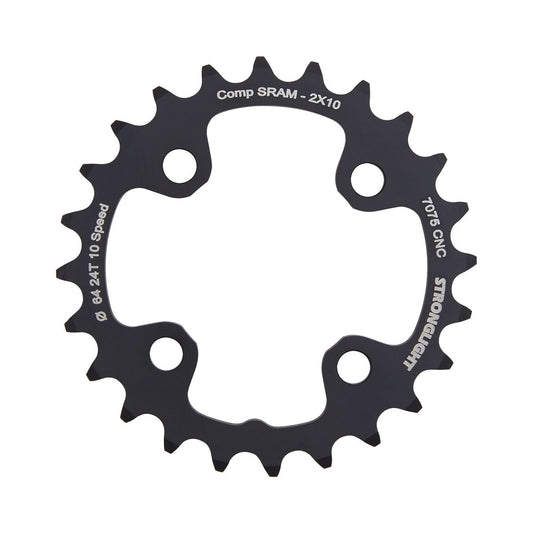 Prato interior STRONGLIGHT alumínio 7075, pedaleiro duplo de 10 velocidades, 4 furos, 64 mm — vista do prato sobre fundo branco