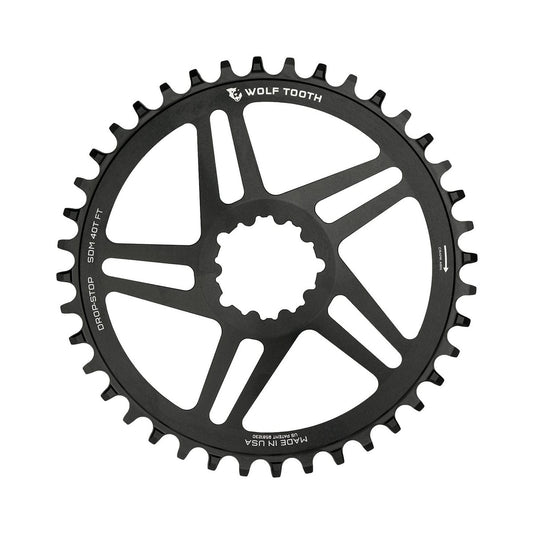 Prato único WOLF TOOTH 10/11/12 velocidades Sram, montagem direta, offset de 6 mm, preto — vista do prato sobre fundo branco