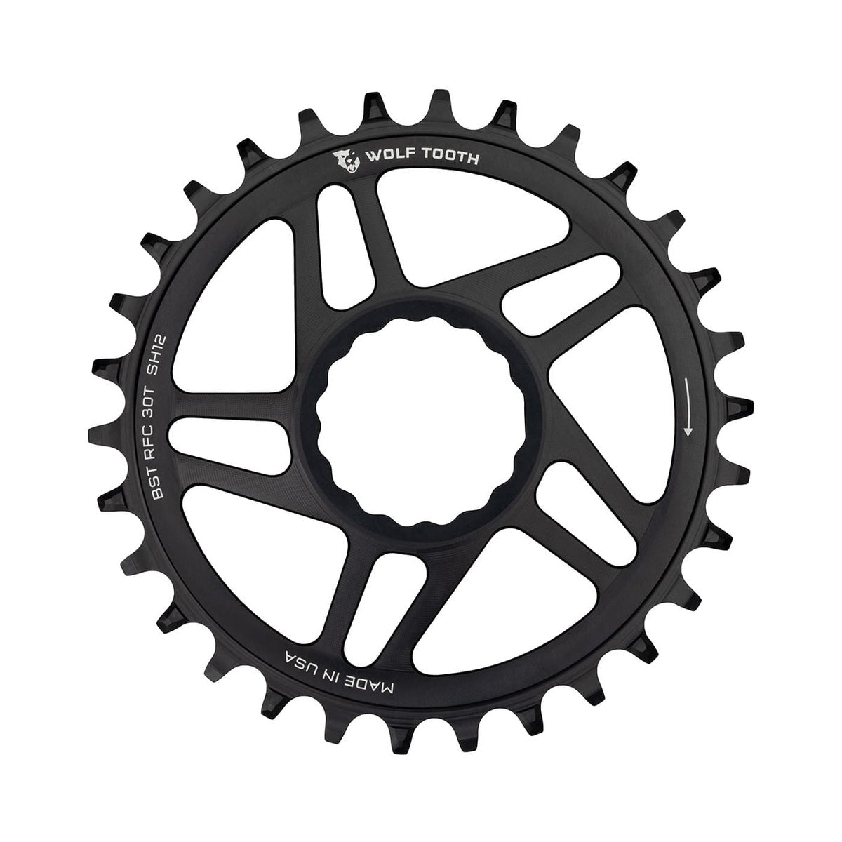 Prato único WOLF TOOTH BOOST 12 velocidades Raceface CINCH Shimano, montagem direta, offset de 3 mm, preto — vista do prato sobre fundo branco
