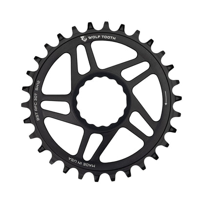 Prato único WOLF TOOTH BOOST 12 velocidades Raceface CINCH Shimano, montagem direta, offset de 3 mm, preto — vista do prato sobre fundo branco