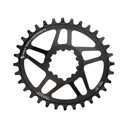 Prato único oval WOLF TOOTH ELLIPTICAL 10/11/12 velocidades Sram, montagem direta, offset de 6 mm, preto — vista do prato sobre fundo branco